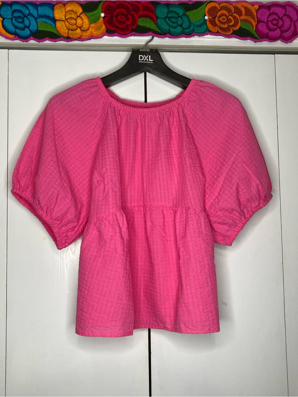 3X Barbie Pink Puff Sleeve Boho Peasant Blouse Swing Top Flattering Plus Sized